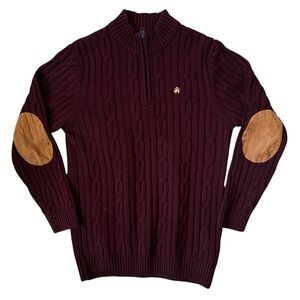 Brooks Brothers Men Cable-Knit Quarter-Zip Sweater Size XL Burgundy Elbow Patch